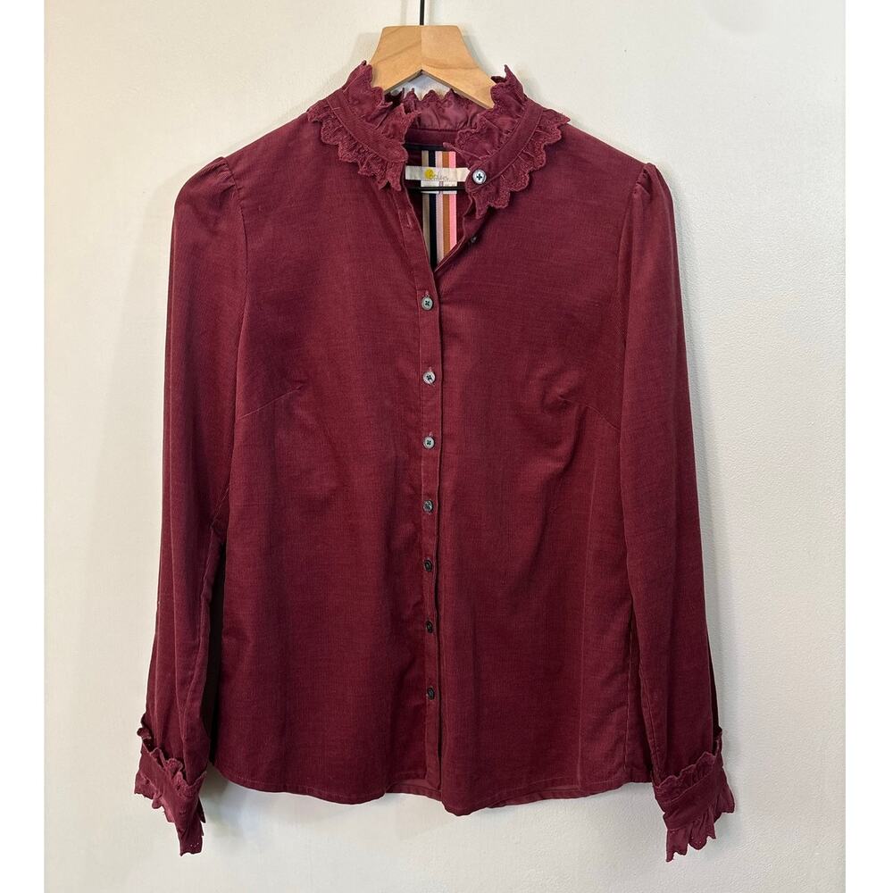 Boden Burgundy Corduroy Button-Down Ruffle Collar Shirt Size 6